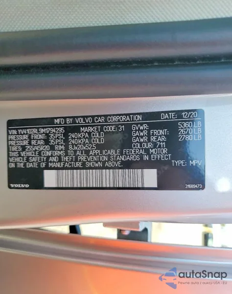 2021 Volvo Xc60 T5 Inscription from USA, damaged, VIN YV4102RL9M1794295